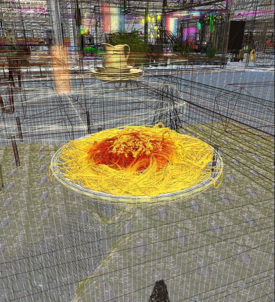 Screenshot from Second Life showing a plate of spaghetti in wireframe --every noodle is modeled.