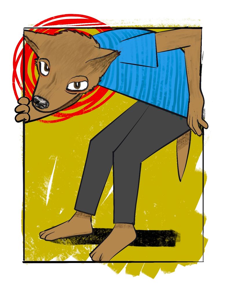 A digital drawing of a glowering brown dog person trapped in the frame of an ink panel.