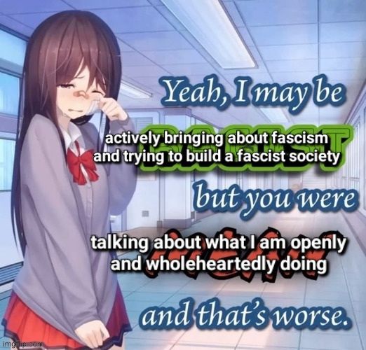 Meme of an anime girl crying with the text "yeah, I may be actively bringing about fascism and trying to build a fascist society but you were talking about what I am openly and wholeheartedly doing and that's worse."