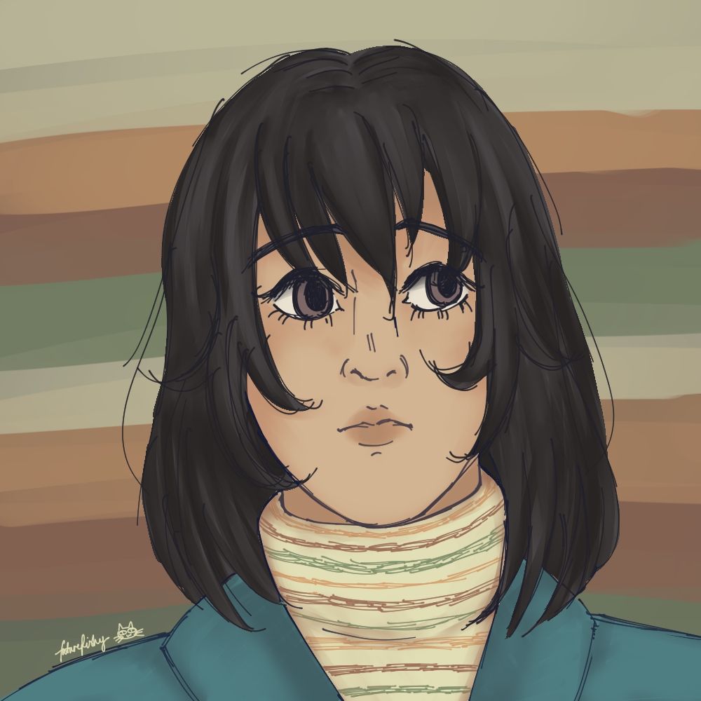 A digital drawing of Anya, shown from the shoulders up. She is facing the camera but looking away, and has a slightly worried expression. She is a white woman, with shoulder length black hair, dark eyes and a prominent nose. She's wearing a pastel striped turtleneck under a denim jumpsuit. The art style is anime-like, with somewhat sketchy linework.