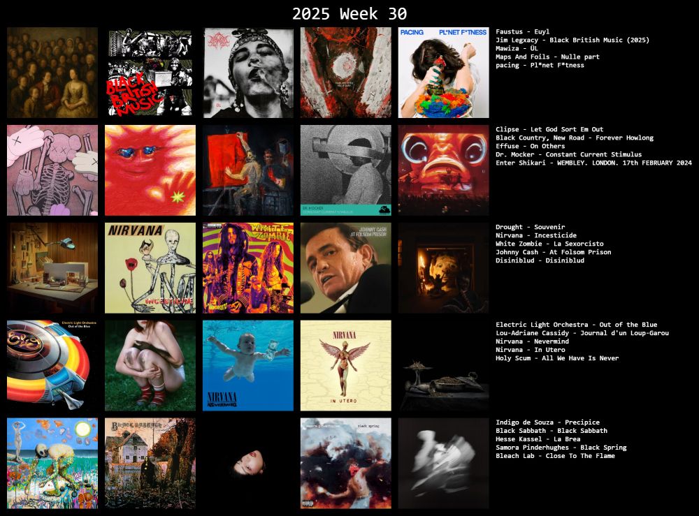 Faustus - Euyl
Jim Legxacy - Black British Music (2025)
Mawiza - ÜL
Maps And Foils - Nulle part
pacing - Pl*net F*tness

Clipse - Let God Sort Em Out
Black Country, New Road - Forever Howlong
Effuse - On Others
Dr. Mocker - Constant Current Stimulus
Enter Shikari - WEMBLEY. LONDON. 17th FEBRUARY 2024

Drought - Souvenir
Nirvana - Incesticide
White Zombie - La Sexorcisto
Johnny Cash - At Folsom Prison
Disiniblud - Disiniblud

Electric Light Orchestra - Out of the Blue
Lou-Adriane Cassidy - Journal d'un Loup-Garou
Nirvana - Nevermind
Nirvana - In Utero
Holy Scum - All We Have Is Never

Indigo de Souza - Precipice
Black Sabbath - Black Sabbath
Hesse Kassel - La Brea
Samora Pinderhughes - Black Spring
Bleach Lab - Close To The Flame