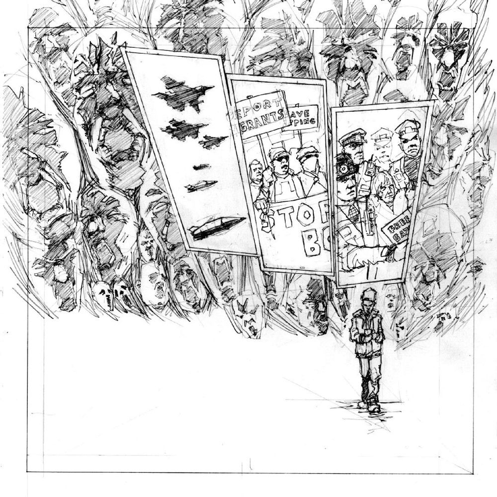 Pencilled black and white comic page, showing a man walking alone looking at his phone, screaming faces behind him