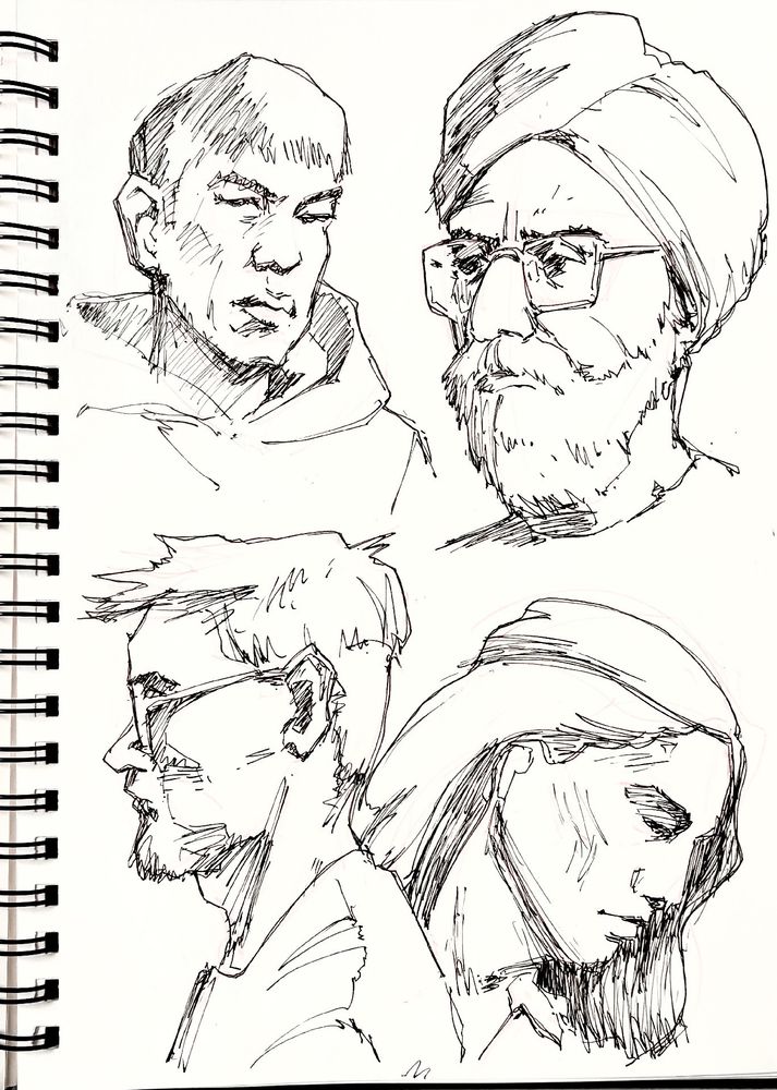 4 head studies of various people, drawn with a fountain pen