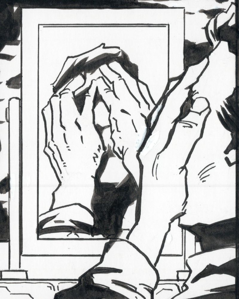 Pen and ink drawing showing a man washing his face. We’re seeing his reflection in a bathroom mirror as he holds his hands to his face