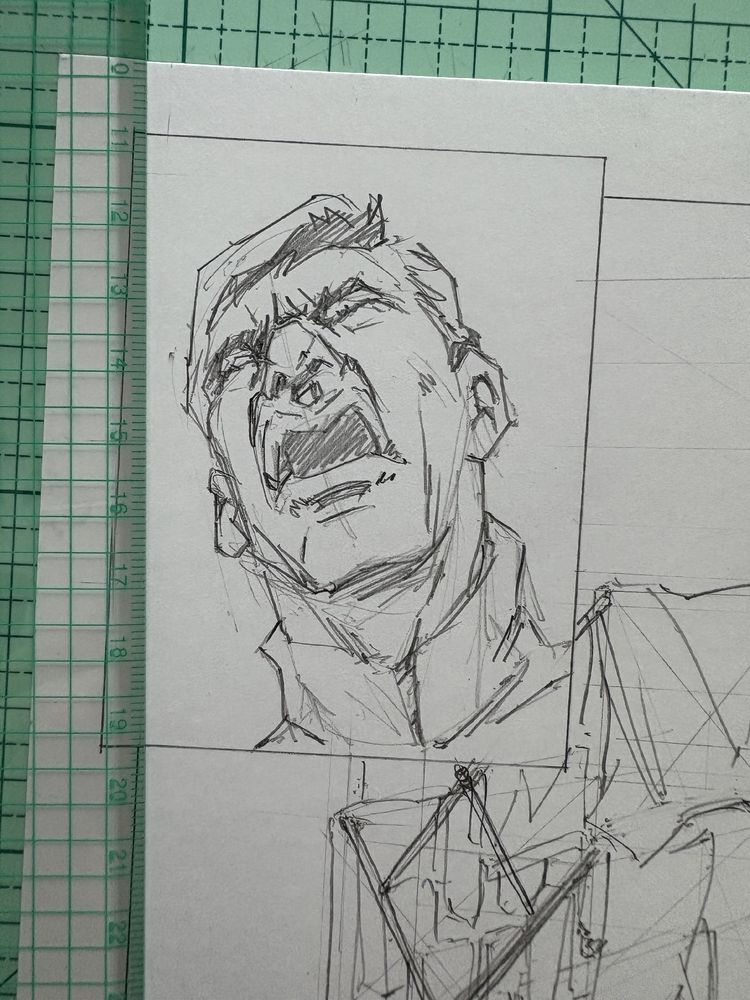 Drawing of a man tilting his head up and yawning 