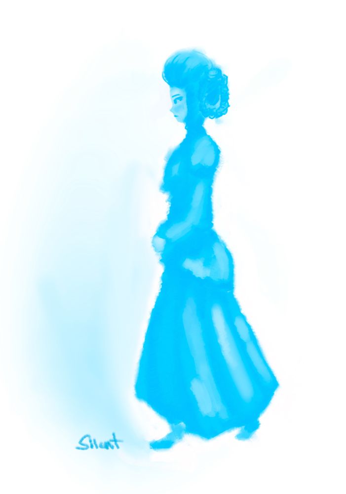 A rough digital painting of a woman. Done with loose brush and blue tones