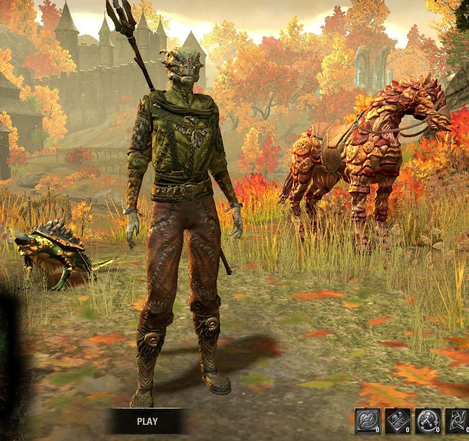 screenshot from elder scrolls online character selector. a female argonian with skin that looks like mossy tree bark. she's wearing green and brown clothes. her non-combat pet is a baby haj-mota, and her mount is a horse made out of red and orange mushrooms.
