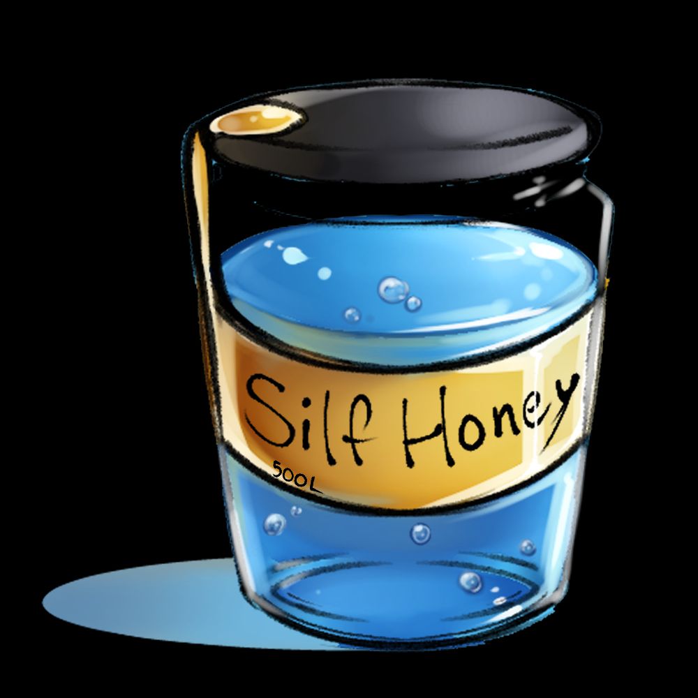 Jar of blue honey produced by Silf the Honey Pot Ant. 500 liters