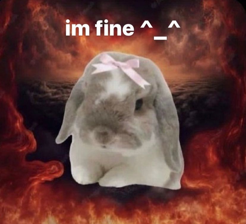 coelho coquette no inferno ele é muito fofo. em cima da cabeça dele está escrito "estou bem" e uma carinha fofa, mas acredite, ele não está nada bem