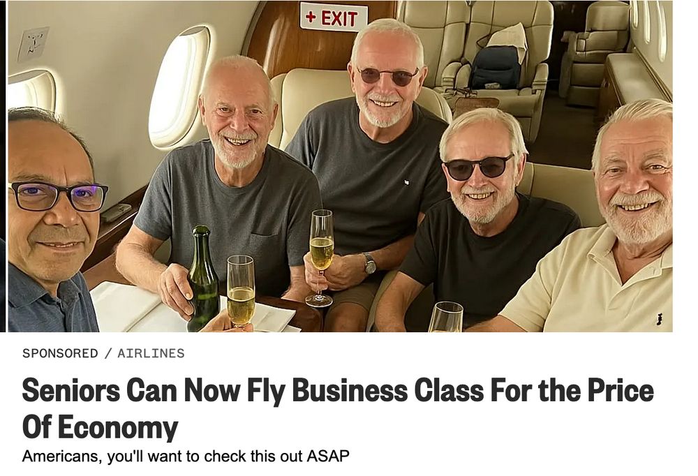 a display ad comprised of five old men, four of whom are clones, in an impossible seating situation on a private jet
