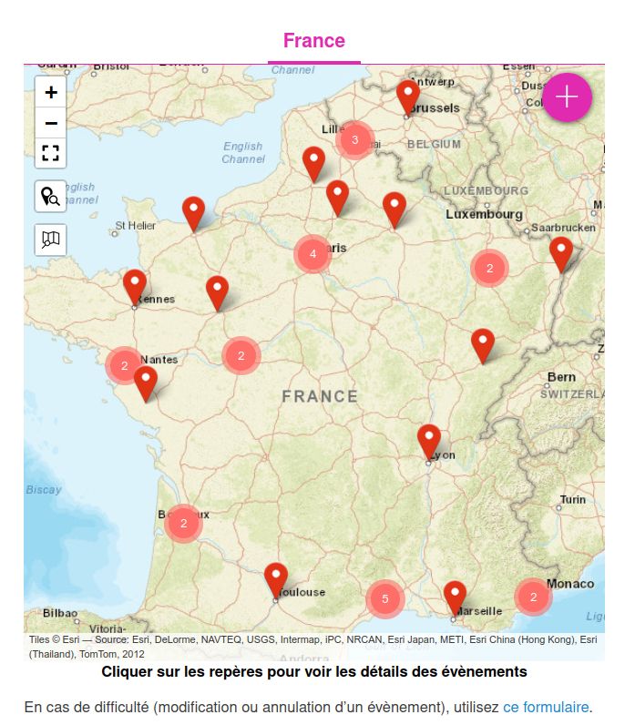 Map of France with events registered for "Stand Up For Science"