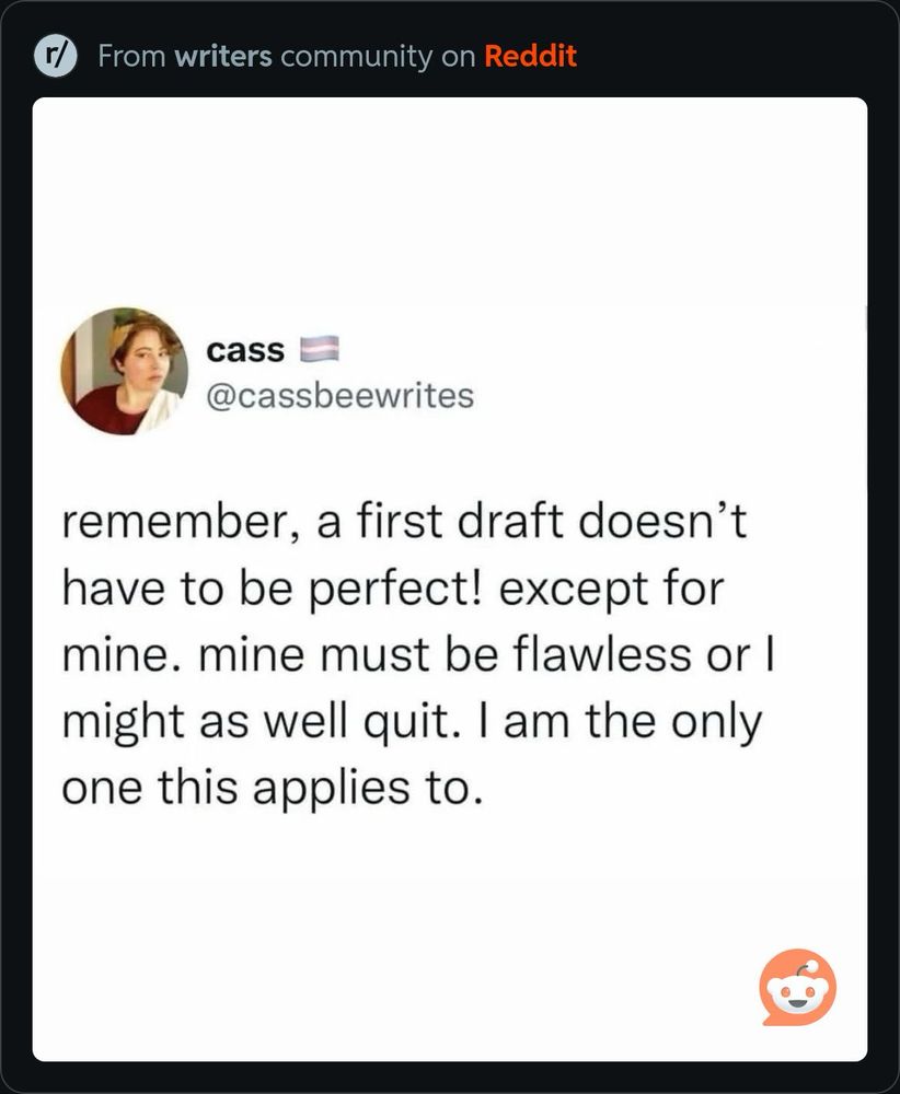 A screenshot from the Reddit writers community shows a tweet by @cassbeewrites. The tweet humorously reads: “remember, a first draft doesn’t have to be perfect! except for mine. mine must be flawless or I might as well quit. I am the only one this applies to.” The Reddit logo is in the bottom right corner.