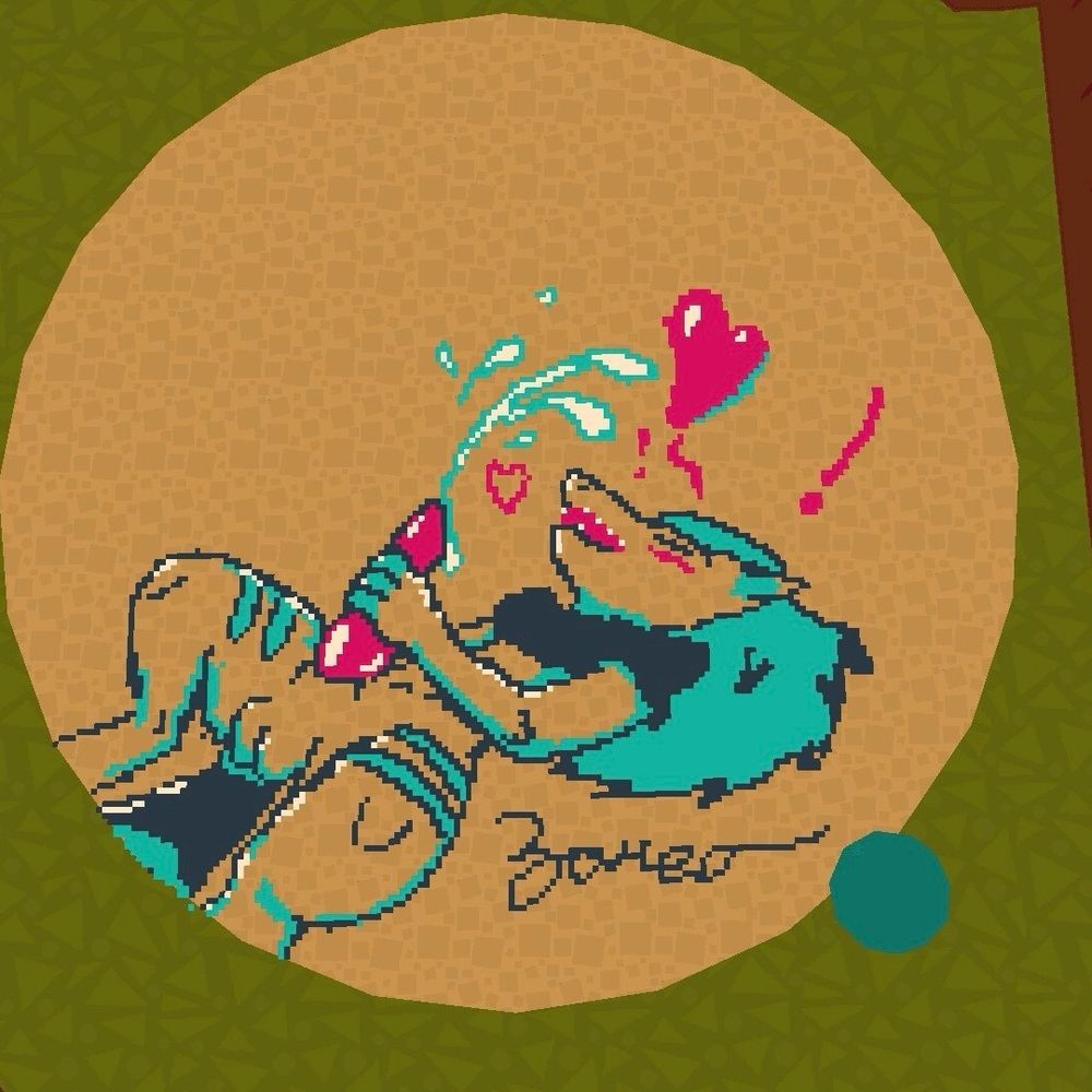 an explicit illustration in webfishing depicting a zoroark ejaculating while laying down, looking pleasured with a cartoon heart expression over their head while they grip their canine penis with their left paw