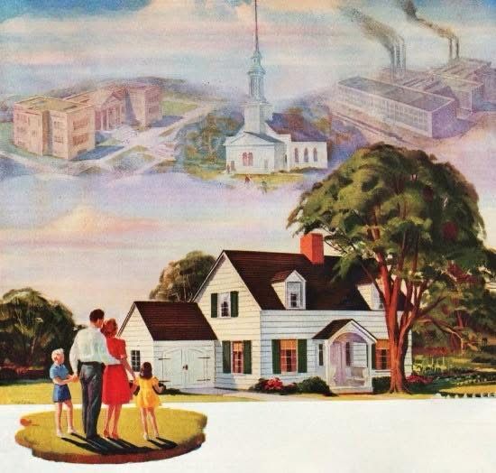 Image of a white family (man, woman, boy, girl) facing a house. In the background are three buildings: a church, a factory, and (maybe) a school.