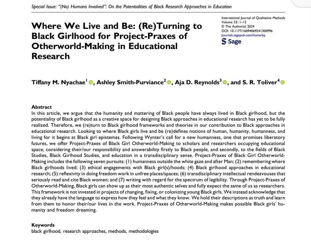 Abstract page of the article, Where We Live and Be: (Returning to Black Girlhood for Project-Praxes of Otherworld-Making in Educational Research in the International Journal of Qualitative Methods