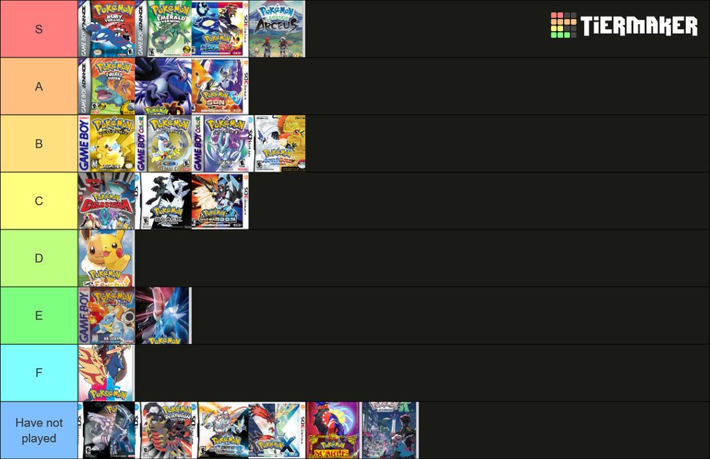 A tier list for the mainline Pokémon games.

S-tier includes Ruby and Sapphire, Emerald, Omega Ruby and Alpha Sapphire, and Legends Arceus.

A-tier includes Fire Red and Leaf Green, XD, and Sun and Moon.

B-tier includes Yellow, Gold and Silver, Crystal, and Heart Gold and Soul Silver.

C-tier includes Colosseum, Black and White, and Ultra Sun and Ultra Moon.

D-tier includes Let's Go Pikachu and Eevee.

E-tier includes Red and Blue, and Brilliant Diamond and Shining Pearl.

F-tier includes Sword and Shield.

Never played includes Diamond, Pearl, and Platinum, Black 2 and White 2, X and Y, Scarlet and Violet, and the as-yet-unreleased Legends Z-A.