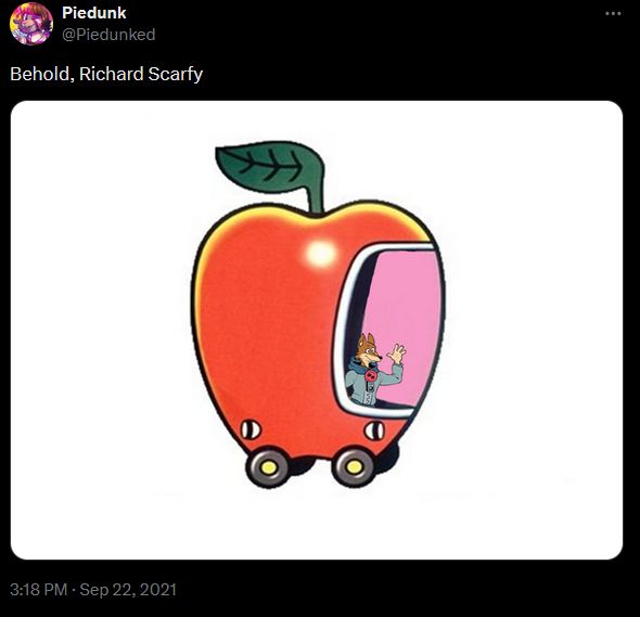 A tweet from Piedunk, dated September 22, 2021. The apple car from Richard Scarry's Busytown children's book series is depicted, with a tiny Alem edited inside.
