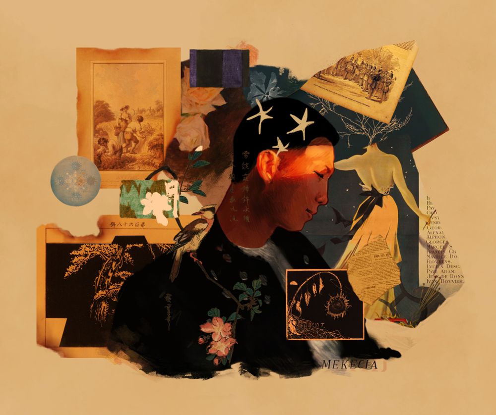 Digital illustration of RM of BTS : he's turned to the side, closing his eyes and looking peaceful. Around him, a collage of various papers, textures and plants.