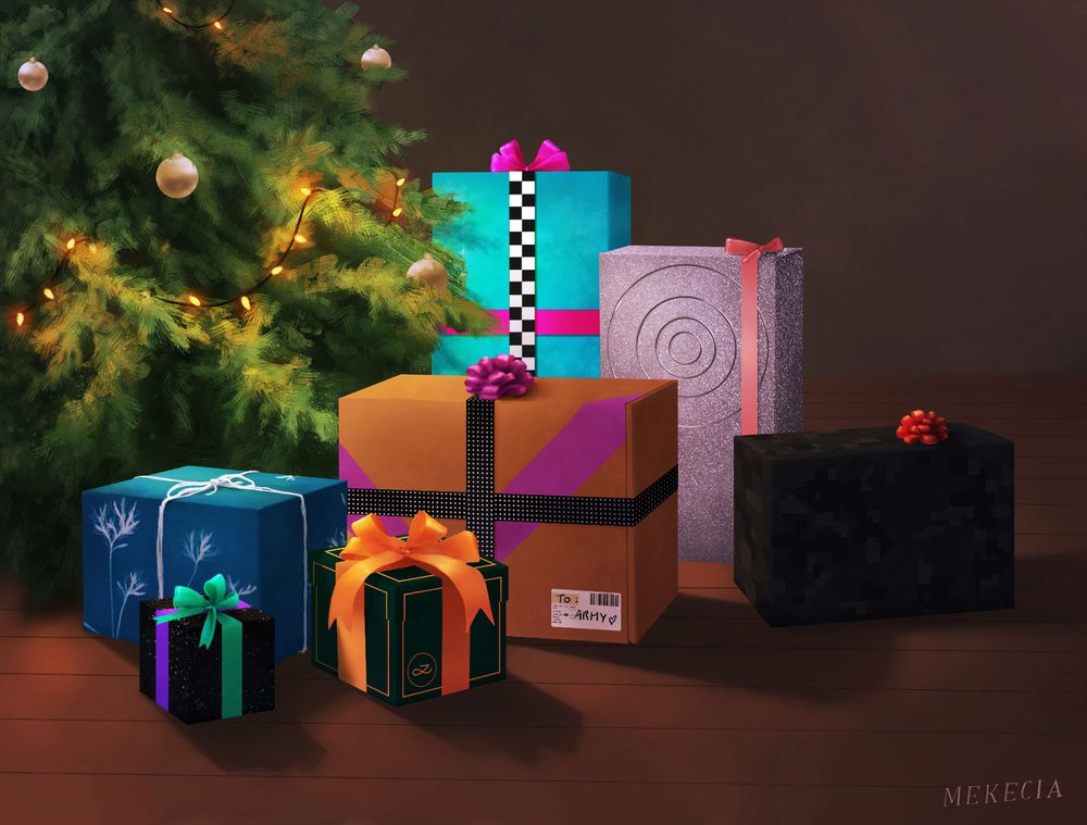 Digital illustration of 7 gifts under a Christmas tree. Each gift's wrapping resembles a BTS solo album : Indigo, The Astronaut, Golden, Layover, D-day, Face and Jack in the box.