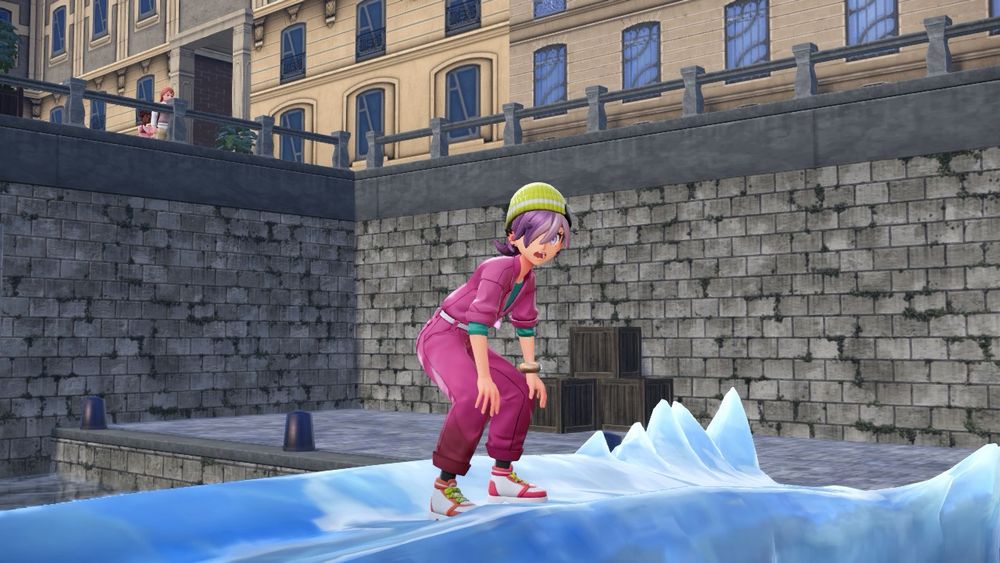 screenshot of pokémon legends za, the character is wearing a pink jumpsuit and a yellow beanie. they’re posing in a squat position