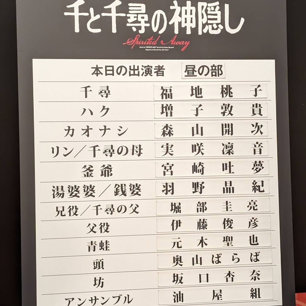 「千と千尋の神隠し」2024年4月18日名古屋公演のキャスト。