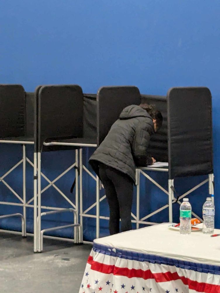 A teenage girl in black leggings and a black puffy coat fills out a ballot in a voting booth. 