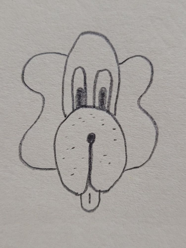 Desenho simples feito a lápis do rosto visto de frente de um cachorro com a língua de fora e orelhas grandes. 