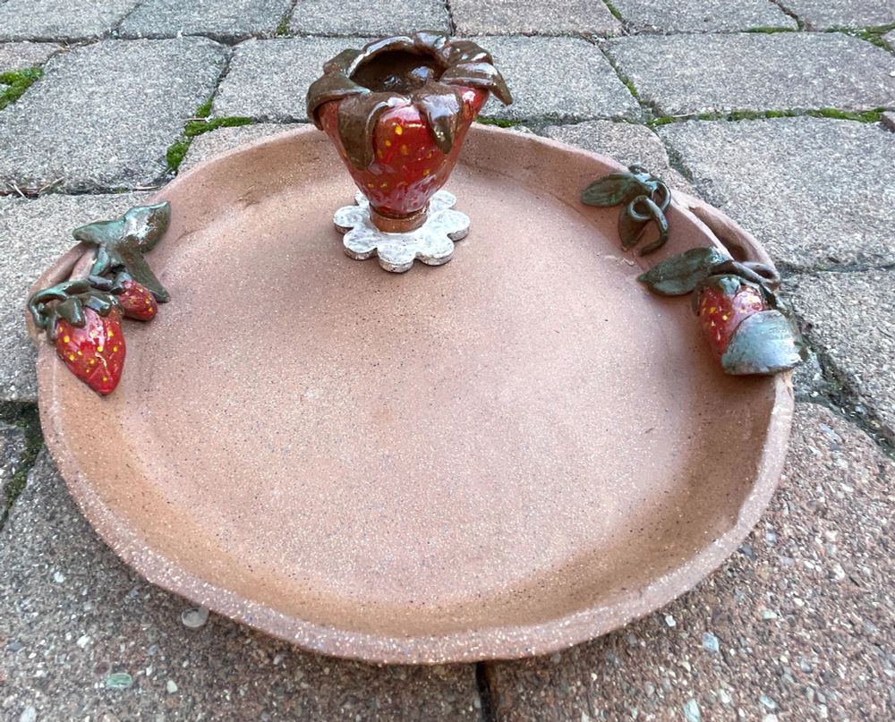 10" round ceramic tray with strawberries and strawberry toothpick holder. 