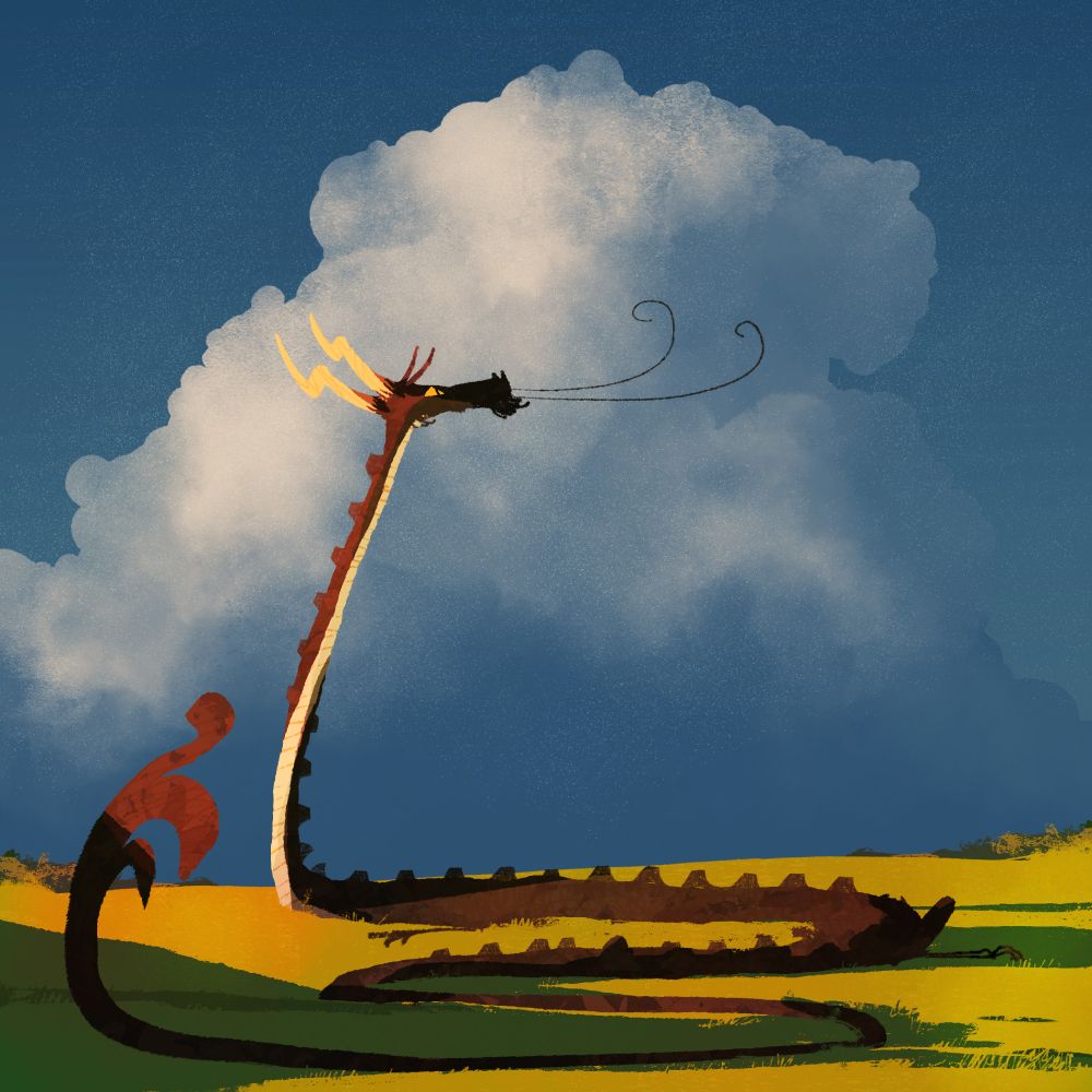 Drawing of a dragon sitting on a grass fields looking at a huge cloud in the sky.