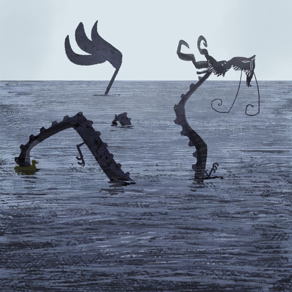 Drawing of a dragon swimming in the ocean while wearing a tiny duck buoy.