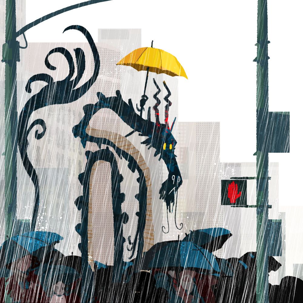 Drawing of a dragon holding a yellow umbrella in the rain while they wait for a crosswalk light that is currently red in the middle of other people also holding umbrellas.