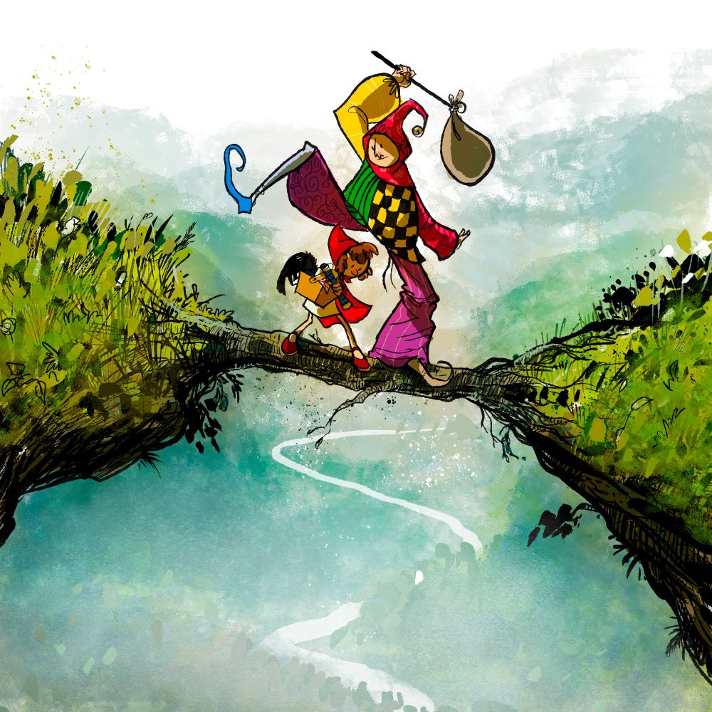 Drawing of a jester and Little Red Riding Hood croaasing paths on a stump that connects two ridges on a high ground.