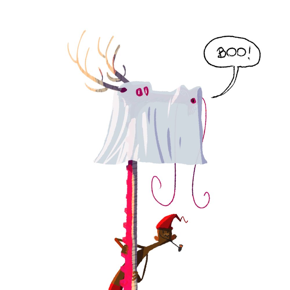 Drawing of a dragon with a sheet just covering their head functioning as a ghost costume with a Saci peeking from their neck. The dragon is saying "Boo!".