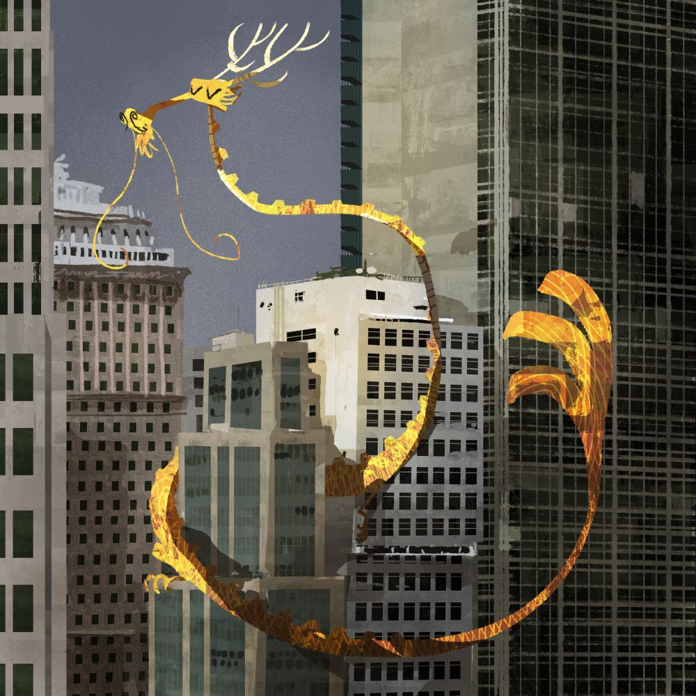 Drawing of a yellow dragon twirled around a building.