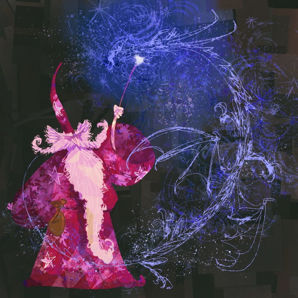 Drawing of a long bearded wizard conjuring a blue dragon with a swooping movement of his wand.