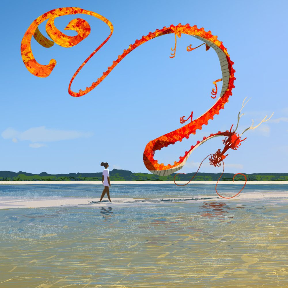 Drawing of a red dragon flying above the sea while looking at a woman walking on a sand strip.