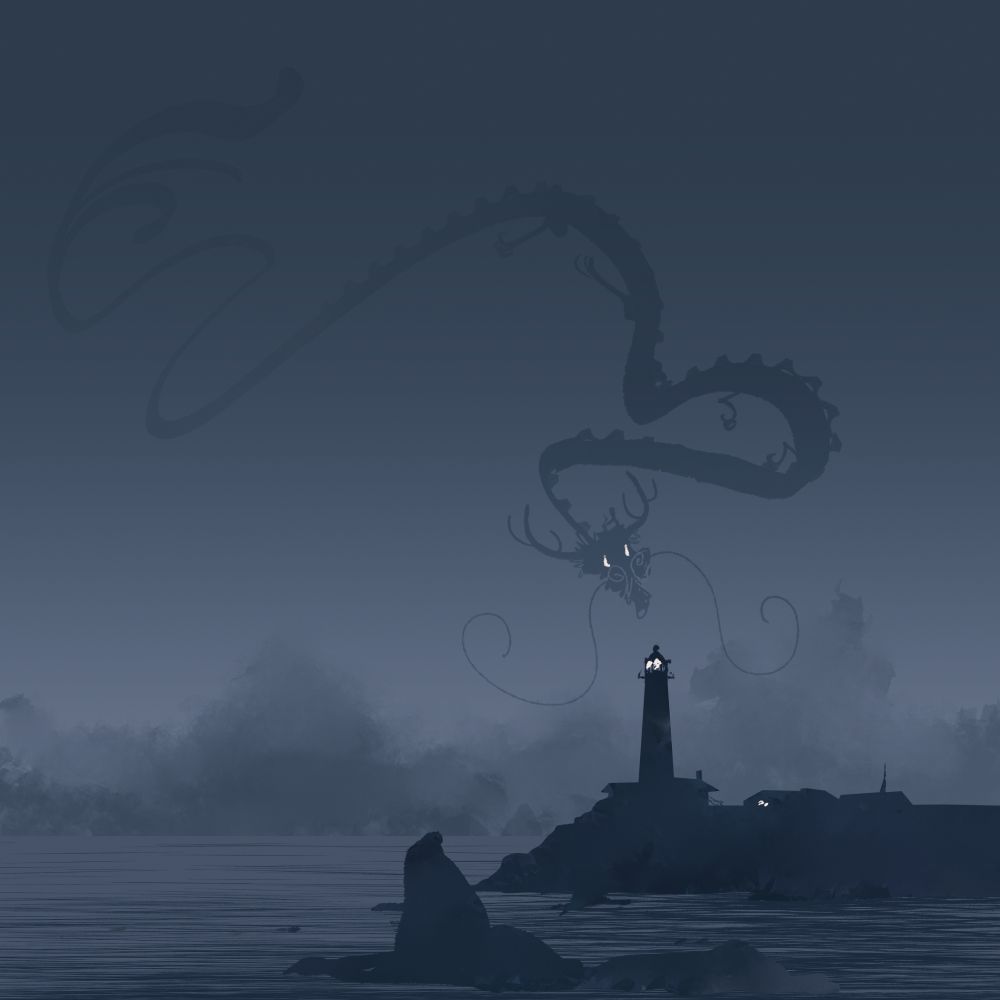 Drawing of a dragon flying towards a lighthouse at dusk.