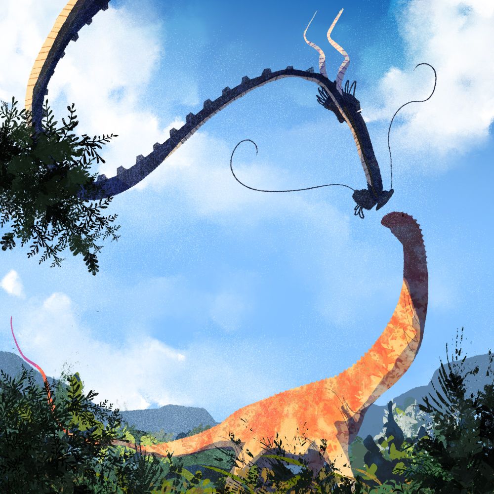 Drawing of a flying dragon and a giant sauropod facing each other.