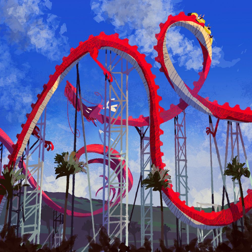 Drawing of a red dragon pretending to be a roller coaster.