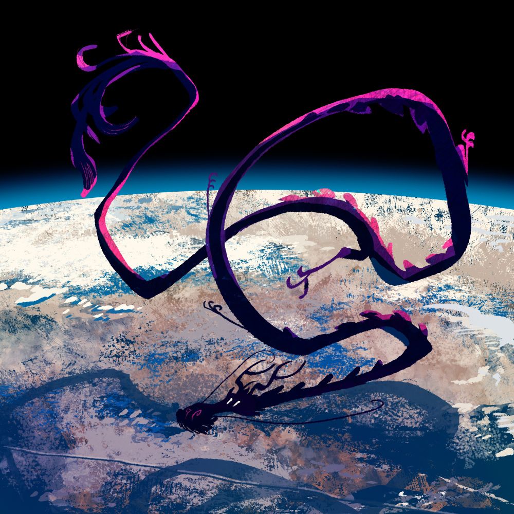 Drawing of a purple dragon flying above Earth.