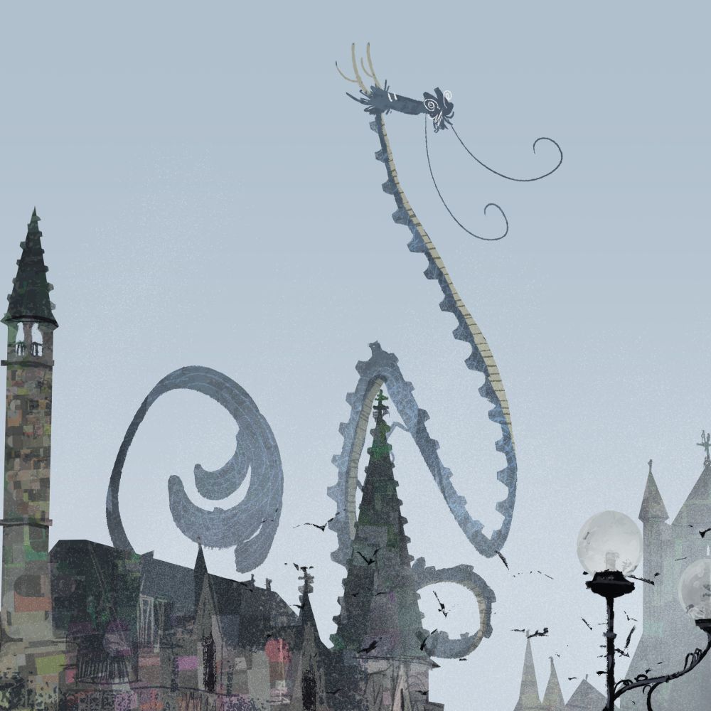 Drawing of a bluish dragon ditting on the top of an European  church-like building on an overcast day.