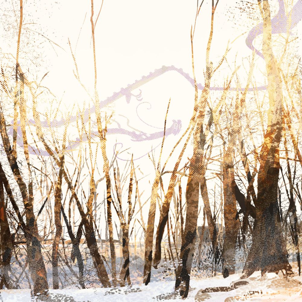 Digital drawing of a purple dragon flying in the sky behind a forest of barren trees in the snow.