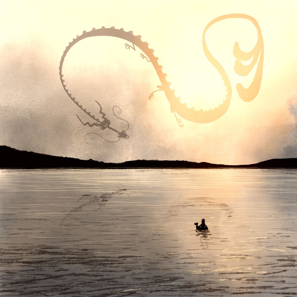 Drawing of a dragon flying above a lake in a cloudy sunset while a swimmer in a floating buoy watches from the waterrs.
