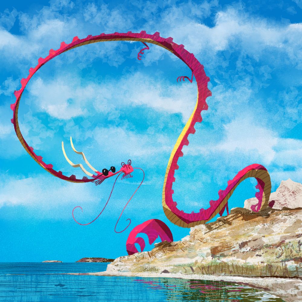 Drawing of a reddish dragon wearing sunglasses in the top of a rocky formation near a beach.