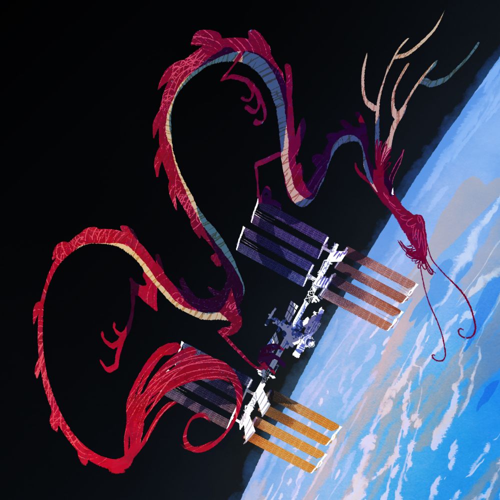 Drawing of a red dragon sitting on the top os the International Space Station looking at Earth below.