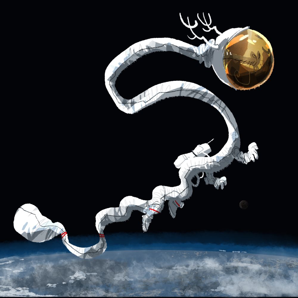Drawing of a dragon wearing an astronaut suit floating above the Earth.