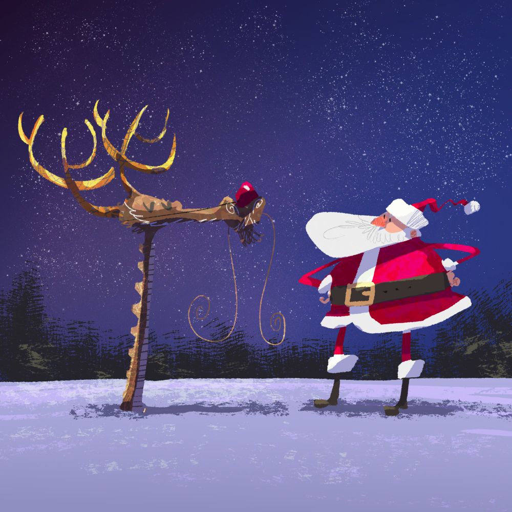 Drawing of Santa Claus looking at a smug dragon popping out of the snow wearing a fake red nose.