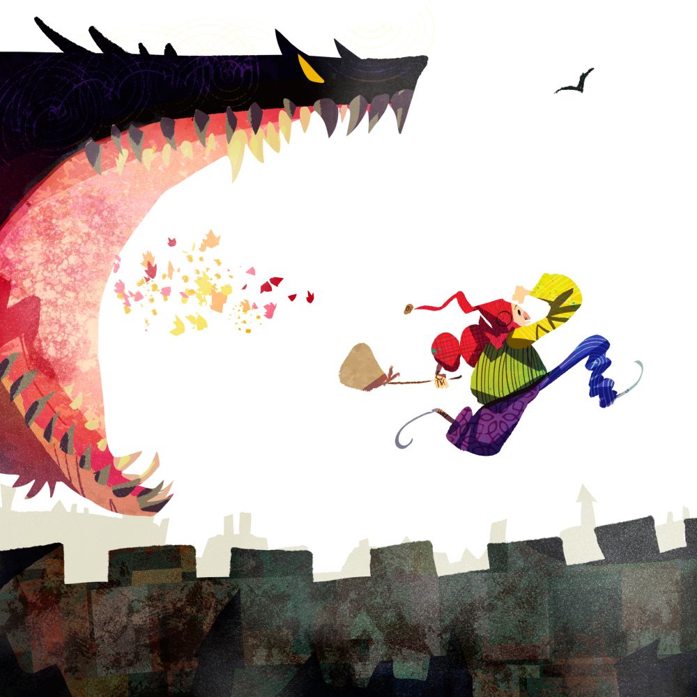Drawing od a jester running on the walls of a castle while being chased by a big dragon with their mouth open.