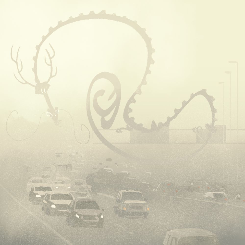 Drawing of a dragon sitting on the top of a highway sign watching the cars passing by on a cloudy morning.