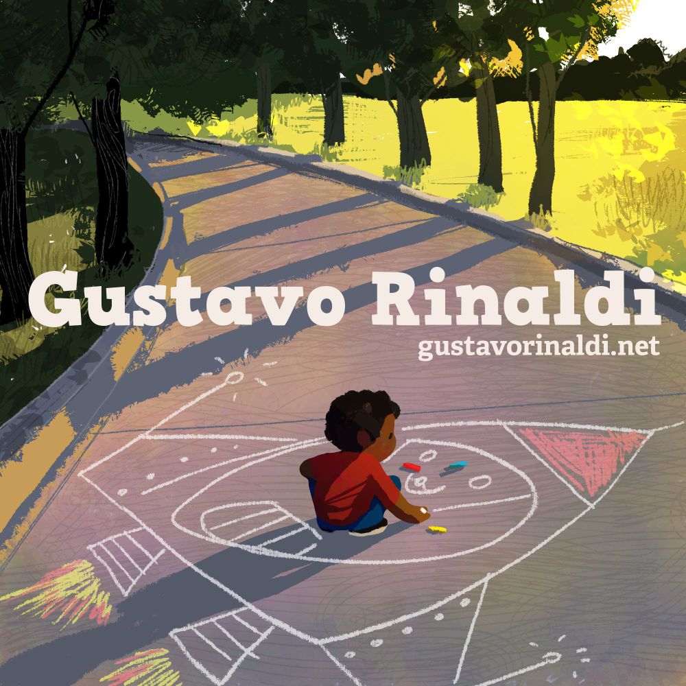 Drawing of a boy wearing a red t-shirt and blue jeans drawing a spaceship around him with chalk on a concrete path between trees.